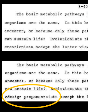 An older draft of the Intelligent Design reference book Of Pandas And People which clearly shows an instance of 'creationist' being replaced with more scientific-sounding terminology.