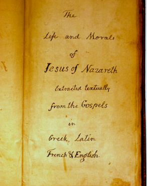 The opening page of one of the first copies of The Life and Morals of Jesus of Nazareth, also known as the Jefferson Bible.